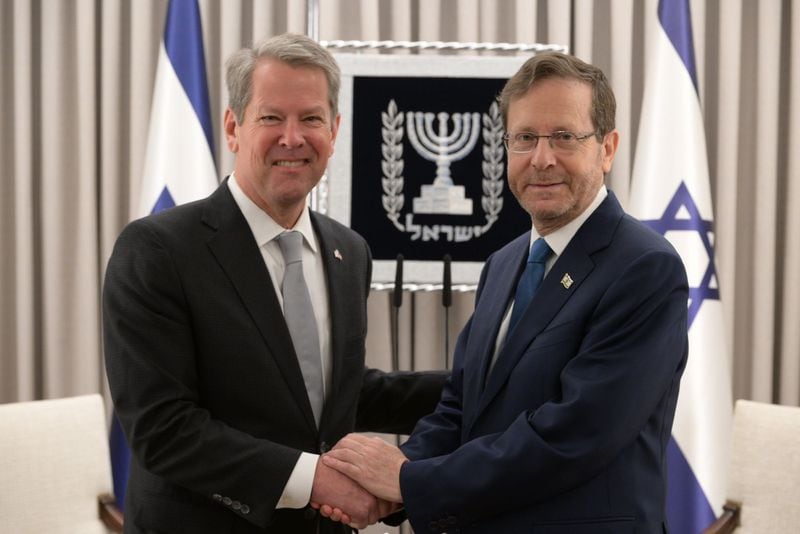 Gov. Brian Kemp meets with Israeli President Isaac Herzog in the President's Residence in Jerusalem on Sunday, May 21, 2023. (Amos Ben Gershom/GPO)