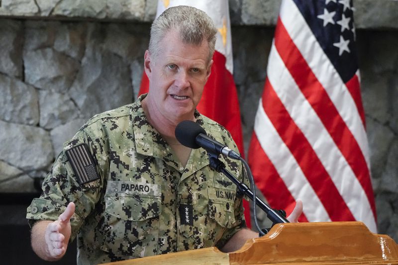 U.S. Indo-Pacific Command Commander, Admiral Samuel Paparo gestures during a press conference on the Mutual Defense Board-Security Engagement Board meeting held at the Philippine Military Academy in Baguio, northern Philippines on Thursday, Aug. 29, 2024. (AP Photo/Aaron Favila)