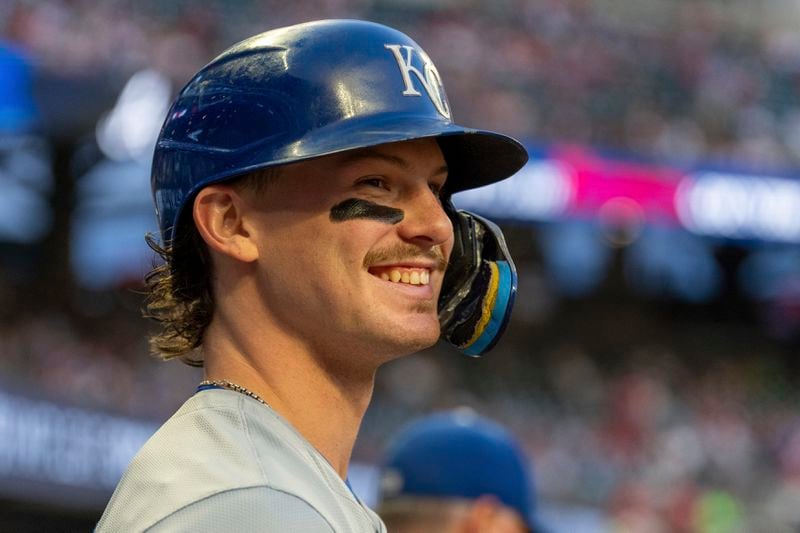 Kansas City Royals' Bobby Witt Jr. waits for a baseball game against the Atlanta Braves to begin Friday, Sept. 27, 2024, in Atlanta. (AP Photo/Jason Allen)