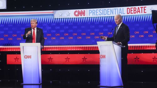 Former President Donald Trump and President Joe Biden face off during their first presidential debate at CNN, Thursday, June 27, 2024, in Atlanta. (Jason Getz / AJC)
