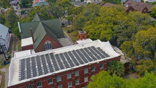 In 2016, 96 solar panels, shown, were installed on the parish house roof of St. Paul the Apostle Church Episcopal on Abercorn Street.