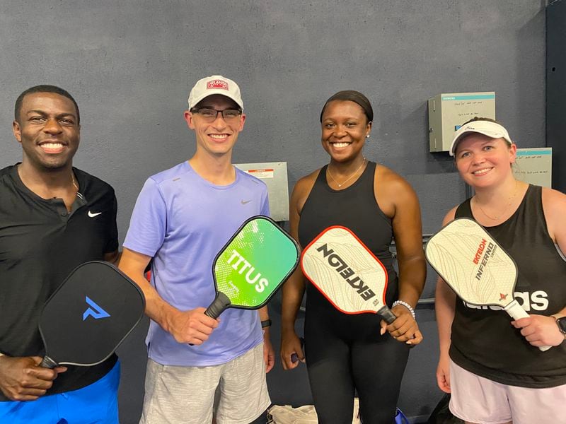 Left to right Gerard Dash, Will George, Nicki Neal and Jess Owens. These elite tennis players recently picked up the game of pickleball and are on a pickleball team together.