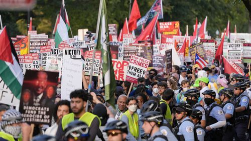 Protesters march during a demonstration near the Democratic National Convention Thursday, Aug. 22, 2024, in Chicago. (AP Photo/Alex Brandon)