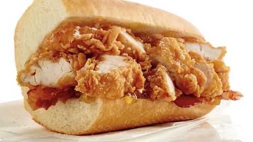 The Atlanta Falcons sub from Publix places maple-flavored chicken tenders and Boar’s Head bacon on a white sub roll, with Publix mango peach preserves and Sriracha mayonnaise. (PUBLIX)