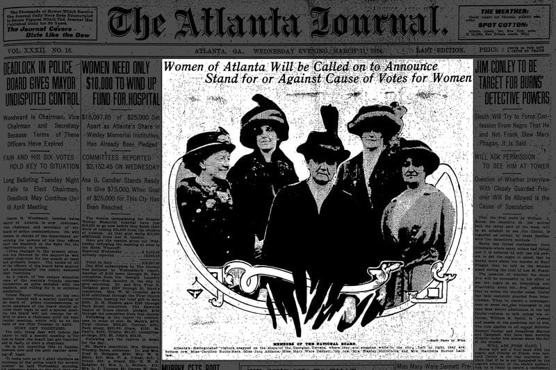 Members of the National Woman Suffrage association were featured on the cover of the March 11, 1914, edition of The Atlanta Journal, when they visited Atlanta on their tour of southern states. The visitors met at the Georgian Terrace with members of an Atlanta delegation in a closed-door session.