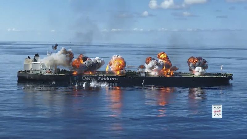 This frame grab from video released by the Ansar Allah Media Office, the media arm of Yemen's Houthi rebels, on Thursday, Aug. 29, 2024, shows explosions striking the Greek-flagged oil tanker Sounion in the Red Sea after Yemen's Houthi rebels boarded and set explosives on the tanker, which was earlier abandoned after the Houthis repeatedly attacked it, setting off blasts that put the Red Sea at risk of a major oil spill. The logo in the bottom righthand corner of the image reads in Arabic: "Yemeni War Media." (Ansar Allah Media Office via AP)