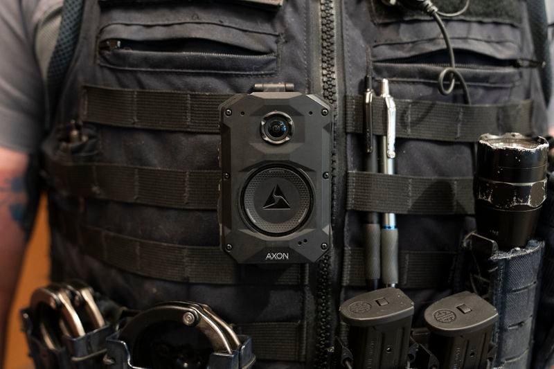 An Axon body camera is worn by an officer at Oklahoma City police headquarters on Friday, May 31, 2024 in Oklahoma City, Oklahoma. (AP Photo/Nick Oxford)