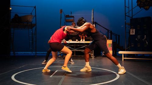 Erin North, left, and James Patrick on stage in a new play by Aaron Levy, "The Student Body," co-produced by Destination Theatre at The Galloway School.