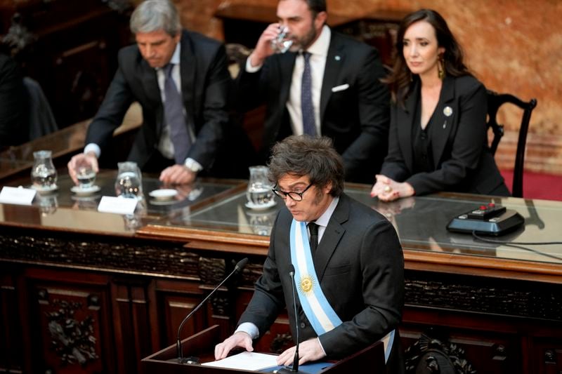 Argentina's President Javier Milei addresses Congress as he presents the 2025 budget in Buenos Aires, Argentina, Sunday, Sept. 15, 2024. (AP Photo/Natacha Pisarenko)