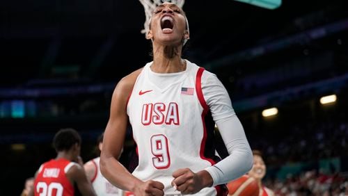 A'ja Wilson, of the Unites States, celebrates after scoring against Japan in a women's basketball game at the 2024 Summer Olympics, Monday, July 29, 2024, in Villeneuve-d'Ascq, France. (AP Photo/Mark J. Terrill)
