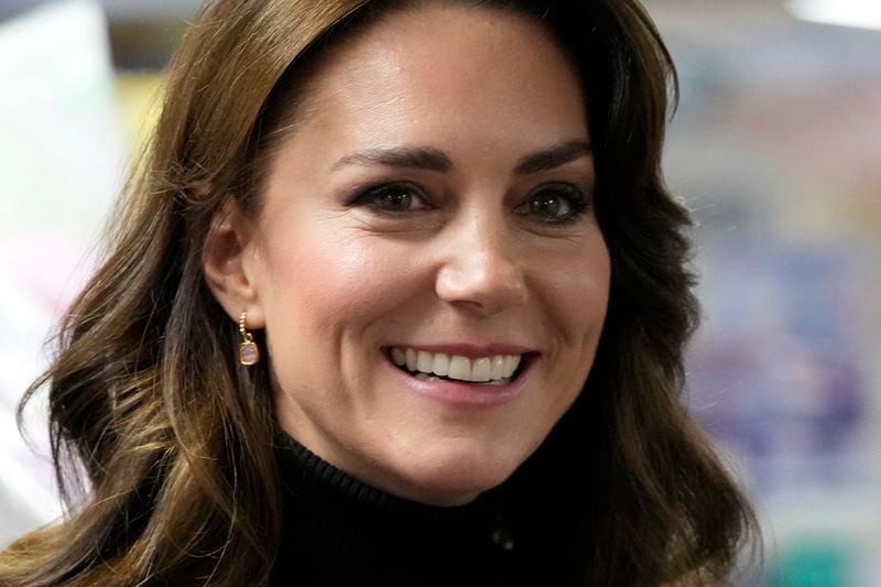 FILE - Britain's Kate, Princess of Wales smiles as she speaks to a woman during her visit to Sebby's Corner in north London on Nov. 24, 2023. (AP Photo/Frank Augstein, Pool, File)