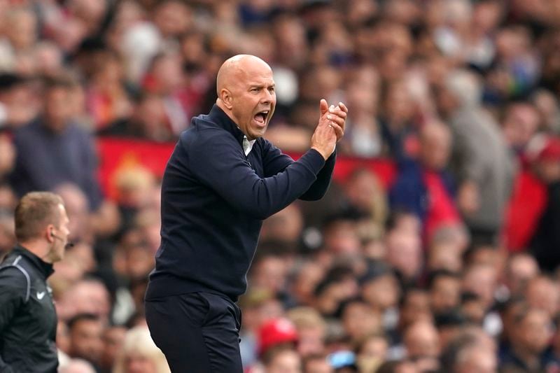 Liverpool's manager Arne Slot reacts during the English Premier League soccer match between Manchester United and Liverpool at Old Trafford, Sunday, Sept. 1, 2024, in Manchester, England. (AP Photo/Dave Thompson)