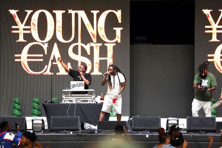 Young Cash performs at T-Pain's Mansion in Wiscansin Party tour to Lakewood Amphitheatre on Saturday, June 29, 2024. The Openers were LaRussel, NandoSTL and Young Cash.
Robb Cohen for the Atlanta Journal-Constitution