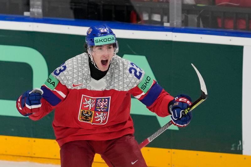 Czech Republic's Lukas Sedlak celebrates after scoring his side's sixth goal during the semi final match between Sweden and Czech Republic at the Ice Hockey World Championships in Prague, Czech Republic, Saturday, May 25, 2024. (AP Photo/Darko Vojinovic)