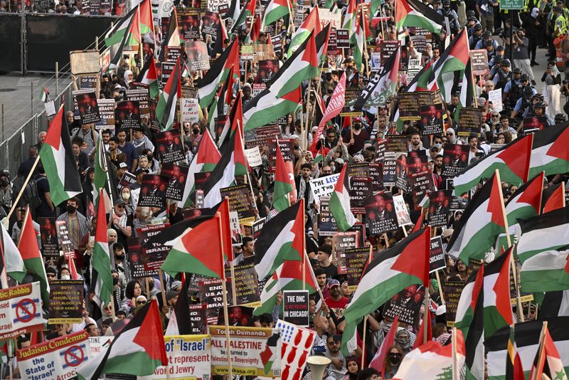 Protesters march during a demonstration outside the Democratic National Convention Wednesday, Aug. 21, 2024, in Chicago. (AP Photo/Noah Berger)