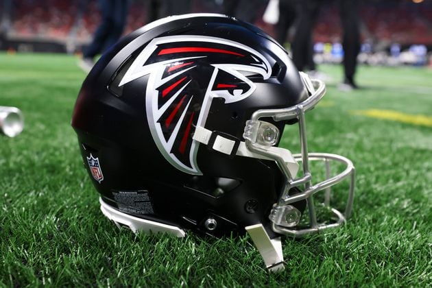 An Atlanta Falcons helmet is shown during their game against the Jacksonville Jaguars at Mercedes-Benz Stadium, on Friday, Aug. 23, 2024, in Atlanta. (Jason Getz / AJC)