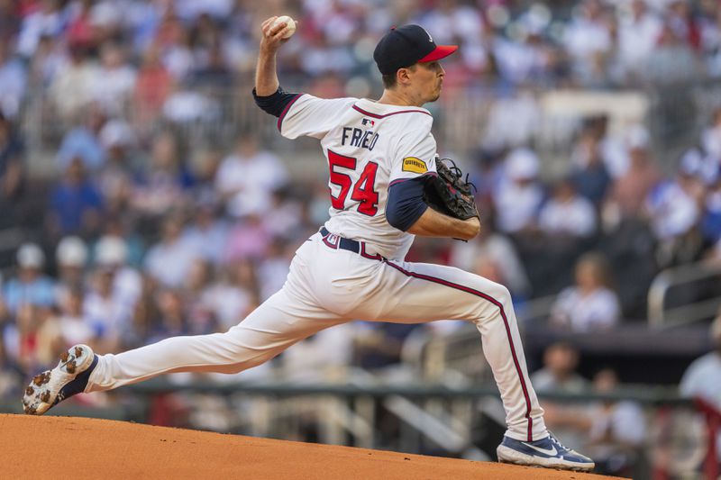 Atlanta Braves pitcher Max Fried (54) throws in the first inning of a baseball game against the Philadelphia Phillies, Wednesday, Aug. 21, 2024, in Atlanta. (AP Photo/Jason Allen)