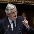 France's Prime Minister Michel Barnier delivers a speech at the National Assembly, in Paris, Tuesday, Oct. 1, 2024. (AP Photo/Thibault Camus)