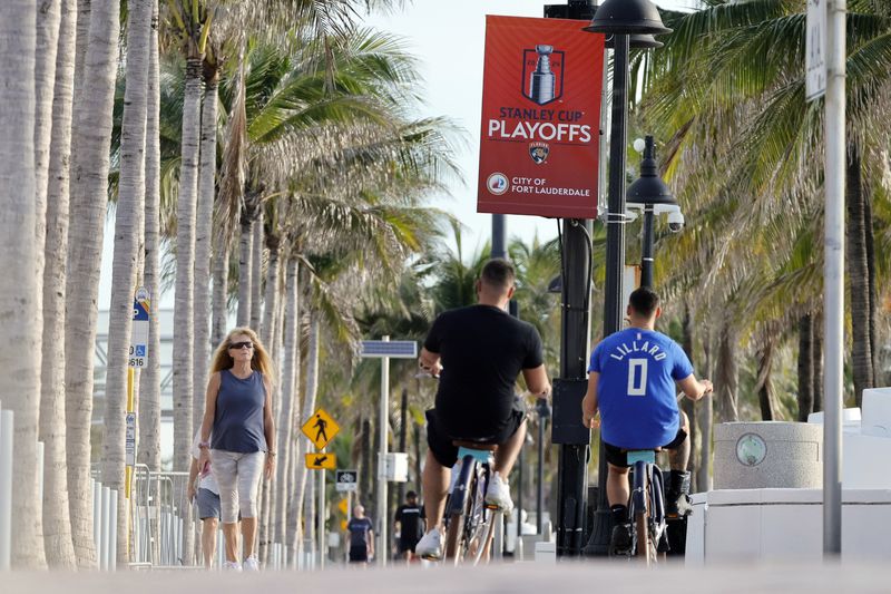 Banners adorn light posts along the Florida Panthers Stanley Cup Celebration parade route on Fort Lauderdale Beach on Friday, June 28, 2024. (Amy Beth Bennett /South Florida Sun-Sentinel via AP)