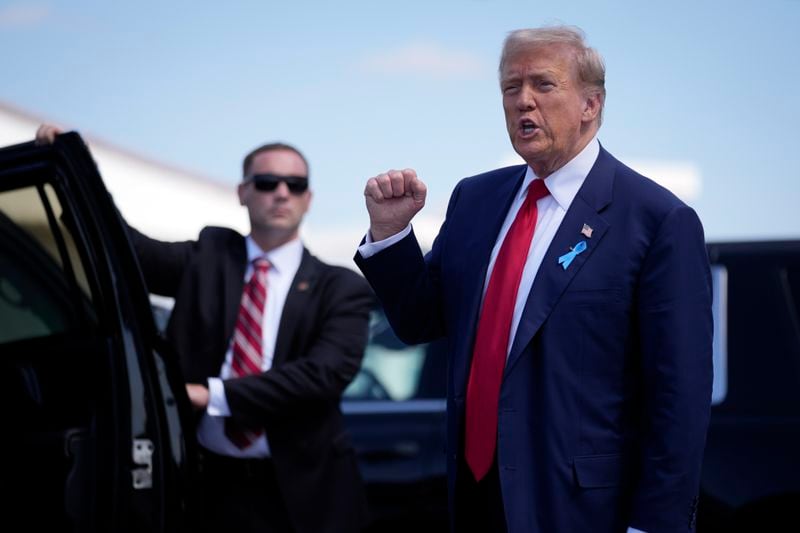 Republican presidential nominee former President Donald Trump arrives in Johnstown, Pa., en route to the Flight 93 Memorial, Wednesday, Sept. 11, 2024. (AP Photo/Matt Rourke)