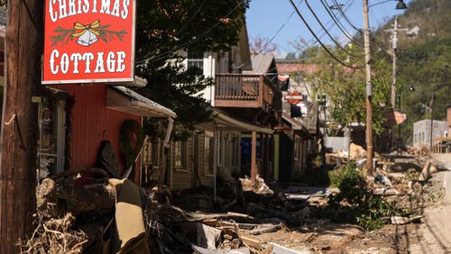 Business are seen in a debris field in the aftermath of Hurricane Helene, Wednesday, Oct. 2, 2024, in Chimney Rock Village, N.C. (AP Photo/Mike Stewart)