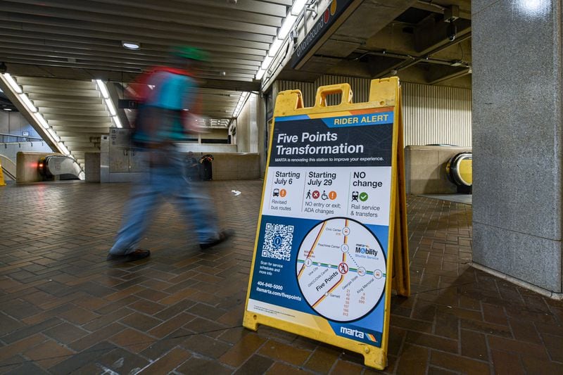 A construction notice is seen at the Five Point train station in Atlanta, Georgia, on Tuesday, June 25, 2024. (Ziyu Julian Zhu/AJC)