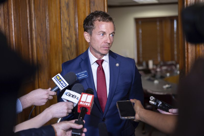 Georgia State Sen. Greg Dolezal, R-Cumming, speaks to press after chairing the state senate's Special Committee on Protecting Women's Sports at the Capitol in Atlanta, Tuesday, Aug. 27, 2024. (Arvin Temkar/Atlanta Journal-Constitution via AP)