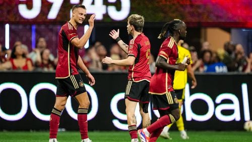 Atlanta United defender Stian Rode Gregersen #5 celebrates with teammates after a goal during the second half of the match against the Columbus Crew at Mercedes-Benz Stadium in Atlanta, GA on Saturday July 20, 2024. (Photo by Mitch Martin/Atlanta United)