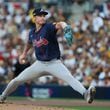 Atlanta Braves pitcher AJ Smith-Shawver (32) delivers to the San Diego Padres during the first inning of the National League Division Series Wild Card Game One at Petco Park in San Diego on Tuesday, Oct. 1, 2024.   (Jason Getz / Jason.Getz@ajc.com)