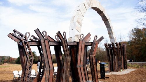 Artist Ilan Averbuch created “The Bridge” sculpture, which is made of steel from the original, historic Rogers Bridge structure in Johns Creek, one of many public art projects the Arts, Cultural and Entertainment Committee reviews each year. (Courtesy City of Johns Creek)