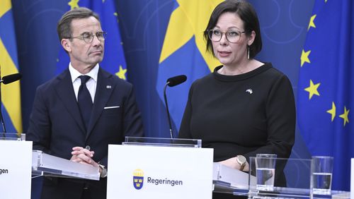 Sweden's Prime Minister Ulf Kristersson, left, and Sweden's new foreign minister Maria Malmer Stenergard, right, attend a press conference in Stockholm, Sweden, Tuesday, Sept. 10, 2024. (Jessica Gow/TT News Agency via AP)