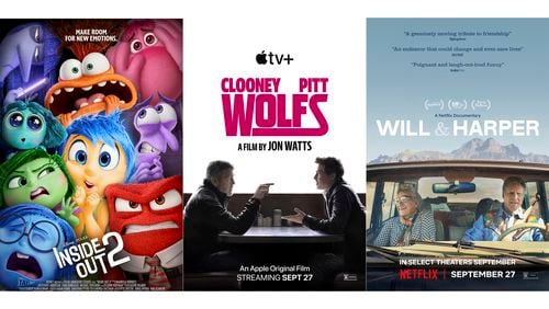 This combination of images shows promotional art for the films, "Inside Out 2," from left, "Wolfs," and "Will & Harper." (Disney/Apple TV+/Netflix via AP)