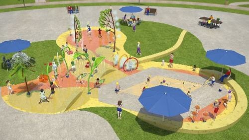 A splash pad, playground, pavilion and walking track will complement the 130-foot mural and Elizabeth Porter statue at Marietta’s new Elizabeth Porter Park to open Aug. 31 at 370 Montgomery St. Courtesy of Marietta