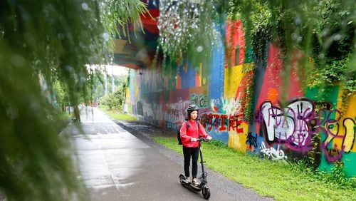 Mona Su, who lives in Midtown, was seen riding her scooter along the beltline on her way home on Monday, July 22, 2024. For Mona Su, riding scooters and MARTA is a car-free lifestyle that provides an easy and reliable commuting alternative.
(Miguel Martinez / AJC)