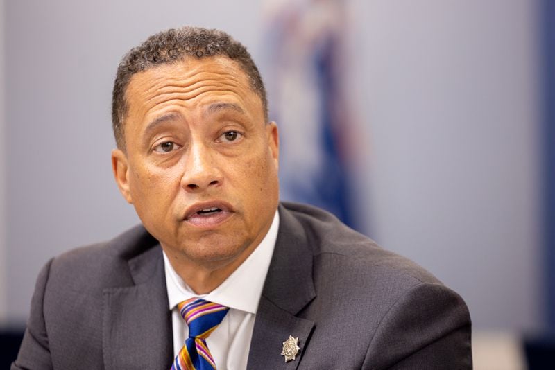 Fulton County Sheriff Patrick Labat speaks during a press interview at the district attorney’s office in Atlanta on Friday, July 12, 2024. Public safety officials presented findings from a report on repeat offenders. (Arvin Temkar / AJC)