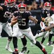 Atlanta Falcons running back Tyler Allgeier (25) carries the ballduring the second half of an NFL football game against the New Orleans Saints on Sunday, Sept. 29, at Mercedes-Benz Stadium in Atlanta.
(Miguel Martinez/ AJC)