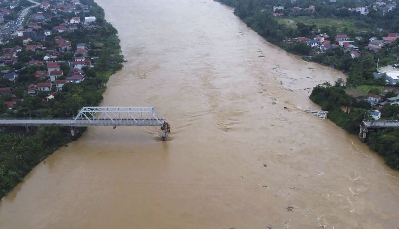 A bridge collapse due to floods triggered by typhoon Yagi in Phu Tho province, Vietnam on Monday, Sept. 9, 2024 (Bui Van Lanh/ VNA via AP)