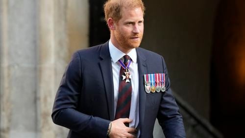 FILE - Britain's Prince Harry leaves after attending an Invictus Games Foundation 10th Anniversary Service of Thanksgiving at St Paul's Cathedral in London, on May 8, 2024. Prince Harry, actor Matt Damon, and World Central Kitchen founder Jose Andres are set to speak at the 2024 Clinton Global Initiative annual meeting in New York on Sept. 23 and 24, the Clinton Foundation announced Thursday. (AP Photo/Kirsty Wigglesworth, File)