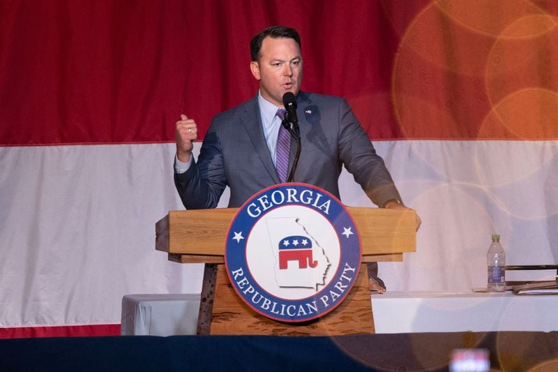 Georgia Lt. Gov. Burt Jones speaks during the GOP Convention at the Columbus Georgia Convention & Trade Center on June 10, 2023. A challenge is now pending in Butts County Superior Court against Jones, where a lawsuit has been filed arguing that the Republican should be disqualified for his role in Trump’s efforts to overturn his 2020 defeat. (Natrice Miller/The Atlanta Journal-Constitution/TNS)