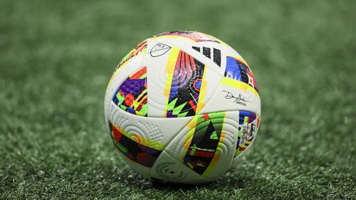 A MLS soccer ball is shown during Atlanta United training camp at Mercedes-Benz Stadium, Tuesday, January 16, 2024, in Atlanta. (Jason Getz / Jason.Getz@ajc.com)