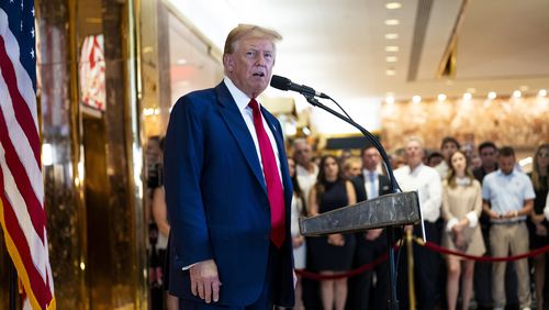 
                        Former President Donald Trump during a news conference at Trump Tower in New York, New York, Friday, May 31, 2024. Trump’s lawyers on Tuesday, June 4, asked the judge who oversaw the former president’s criminal trial to lift a gag order on their client as the presidential campaign intensifies. (Doug Mills/The New York Times)
                      