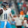 Tennessee Titans quarterback Mason Rudolph (11) aims a pass during the second half of an NFL football game against the Miami Dolphins, Monday, Sept. 30, 2024, in Miami Gardens, Fla. (AP Photo/Rebecca Blackwell)