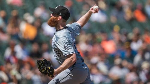 Chicago White Sox pitcher John Brebbia throws during the ninth inning of a baseball game against the San Francisco Giants in San Francisco, Wednesday, Aug. 21, 2024. (AP Photo/Nic Coury)