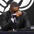 Toronto Raptors President Masai Ujiri is overcome with emotion speaking about Dikembe Mutombo, who died Monday from brain cancer, in Toronto, Monday, Sept. 30, 2024. (Chris Young/The Canadian Press via AP)