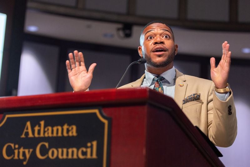 Devin Barrington-Ward speaks on the city’s water failure during public comment at a city council meeting at City Hall in Atlanta on Monday, June 3, 2024. The water crisis has reached its fourth day following the breakage of several pipes. (Arvin Temkar / AJC)