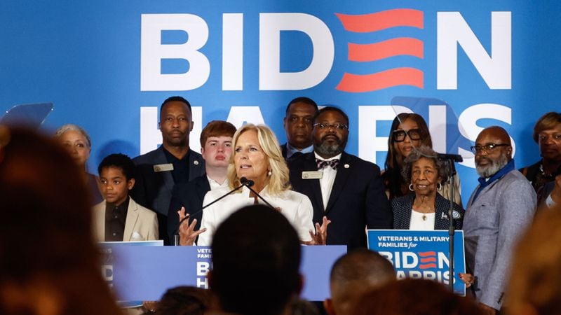 Jill Biden speaks during a campaign event held by Veterans and Military Families for Biden-Harris in Columbus on Monday, July 8, 2024. (Natrice Miller/ AJC)