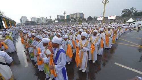 Religious leaders and Ethiopians celebrate Meskel, meaning the Cross in Amharic, is an annual religious holiday among Orthodox in Addis Ababa, Ethiopia Thursday, Sept. 26, 2024. (AP Photo)