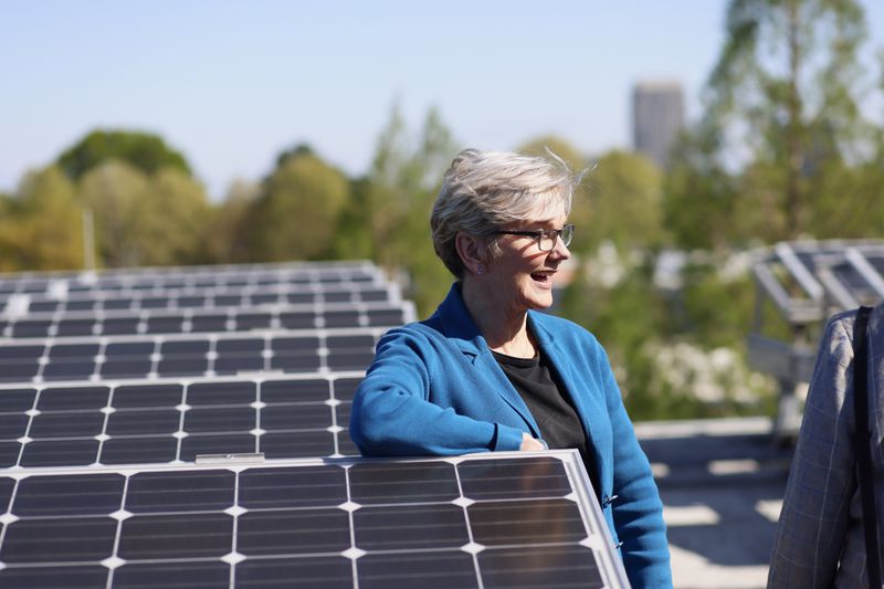 Secretary of Energy Jennifer M. Granholm leans on a solar panel during a tour of the Strategic Energy Institute labs at Georgia Tech on Thursday, April 4, 2024. Project 2025 calls for fewer restraints on use of fossil fuels and less emphasis on renewables. Miguel Martinez /miguel.martinezjimenez@ajc.com