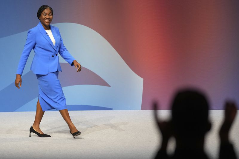 Conservative leadership candidate Kemi Badenoch addresses members during the Conservative Party Conference at the International Convention Centre in Birmingham, England, Wednesday, Oct. 2, 2024.(AP Photo/Kin Cheung)