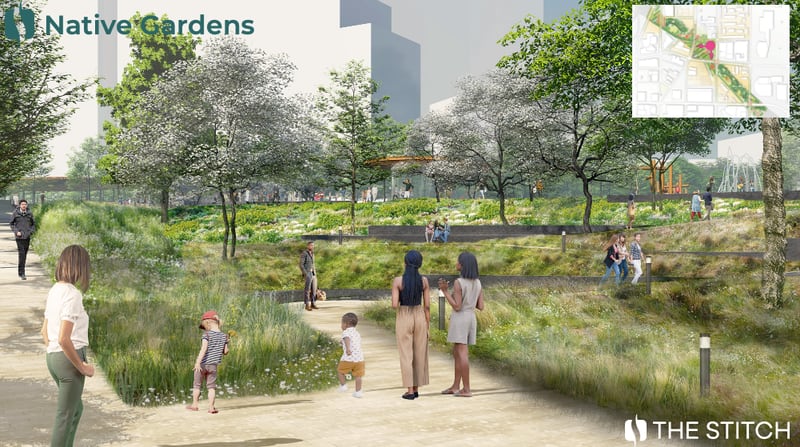 A rendering shows the native plant garden planned for Phase I of The Stitch.